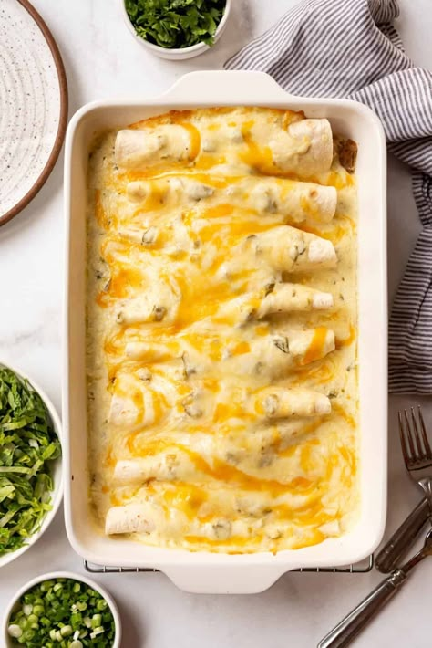 Enchiladas Creamy Chicken, White Bean Chicken Enchiladas, Creamy Red Enchiladas, White Chicken Enchiladas With Green Chile Sour Cream Sauce, Cottage Cheese Enchiladas Recipe, Cilantro Cream Sauce Enchiladas, White Chicken Enchiladas With Heavy Cream, White Enchiladas Healthy, Roasted Chicken Enchiladas