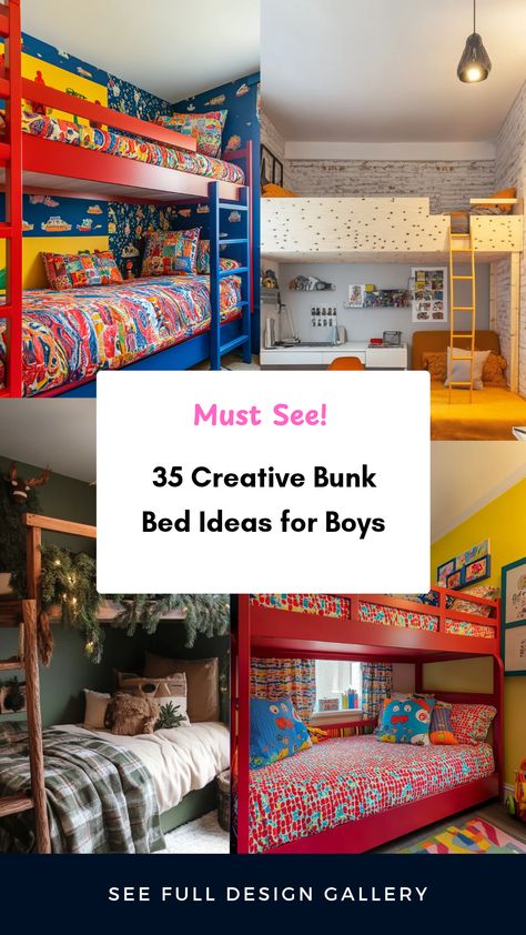 Looking to transform your boys' room? Check out these 35 exciting bunk bed ideas that will spark creativity and style! From themed rooms to space-saving designs, discover how to make the most of your space with unique bunk beds that nurture imagination and fun. Whether you're creating a cozy twin-over-twin setup, sleek loft beds for ultimate playfulness, or designing a space that doubles as a fun hideaway, these ideas showcase stylish options that cater to different tastes. Find inspiration today and enjoy the journey of creating a dreamy bedroom retreat for your kids. Bunk Beds For Small Boys Room, Fun Bunk Bed Ideas, Full Size Bunk Beds For Boys Room, Ultimate Bunk Beds, Diy Bunk Bed Twin Over Full, Privacy Bunk Beds Ideas, Twin Bunk Bed For Boys, Brothers Sharing Room Ideas Bunk Bed, Bunk Bed Top Bunk Ideas