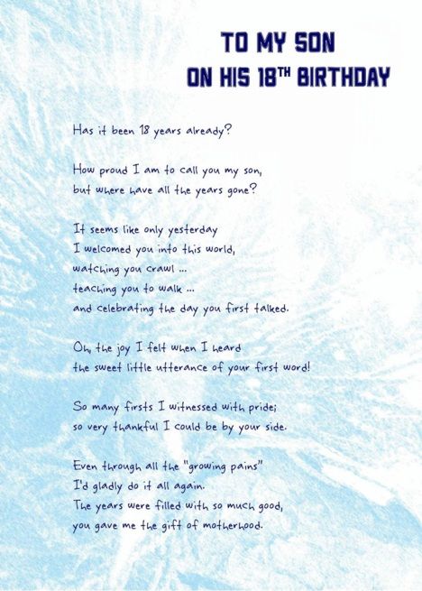 To My Son On His 18th Birthday card Son 18th Birthday Quotes From Mom, Letter To My Son On His 18th Birthday, 18th Birthday Son Quotes, Son 18th Birthday Gift Ideas, 18th Birthday Quotes For Son, Sons 18th Birthday Ideas, Sons 18th Birthday Quotes Mom, 18th Birthday Card Message, Boy 18th Birthday Ideas