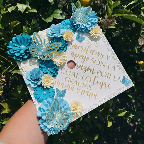 Blue Graduation Cap Designs, Blue Grad Cap Ideas, College Cap Decorations, Teacher Graduation Cap, College Grad Cap Ideas, Graduation Cap Decoration Diy, Custom Graduation Caps, Blue College, College Graduation Cap Decoration