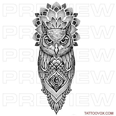 Egyptian Owl Tattoo, Mandala Owl Tattoo Design, Self Made Tattoo, Mandala Tattoo Men, Geometric Owl Tattoo, Owl Mandala, Tattoo Perna, Lower Leg Tattoos, Geometric Owl