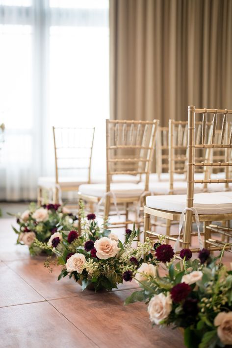 Burgundy Ceremony Flowers, Burgundy Aisle Flowers, Burgundy Ceremony Decor, Burgundy Aisle Decor, Nikka Decor, Burgundy Floral Arrangements, Burgundy And Blush Wedding Flowers, Wedding Ceremony Aisle Flowers, Burgundy And Peach Wedding