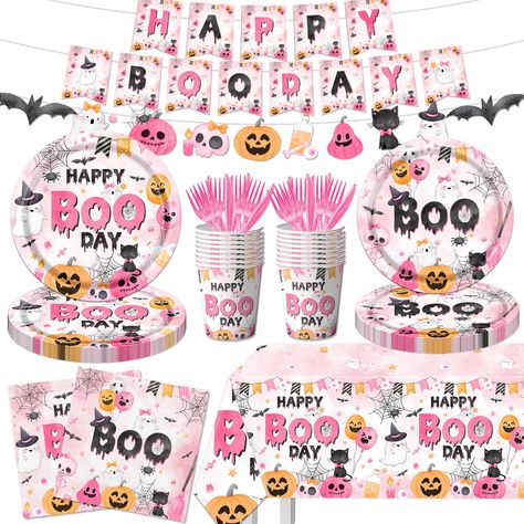 PRICES MAY VARY. 【Happy Boo Day Decorations】You will receive 142pcs pink Halloween happy boo day party tableware set includes: 1pc Happy Boo Day banner, 1pc pink Halloween tablecloth, 40pcs Halloween paper plates (2 sizes), 20pcs cups, 40pcs boo napkins, 20 knives and forks, making your Halloween party more interesting and attractive 【Pink Halloween Decor】 Our Halloween plates and napkins,cups made of high-quality paper,non-toxic material. The pink boo table cloths is made of high quality plasti Halloween Themed 1st Birthday Party, Boo Day Party, Halloween First Birthday Party, Ghost Theme Party, Happy Boo Day, Kids Halloween Party Decorations, Halloween Theme Birthday, Halloween Paper Plates, Halloween Birthday Party Decorations