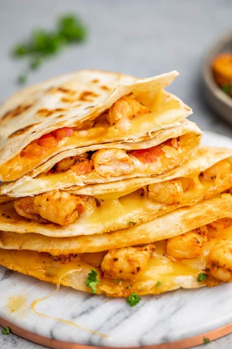 Shrimp Quesadillas - The Stay At Home Chef Quesadilla Recipes Shrimp, Shrimp Quesadilla Easy, Shrimp Quesadillas Recipes, Leftover Shrimp Recipes Ideas, Shrimp Quesadilla Recipes, Shrimp Taquitos, Tortilla Meals, Cabana Recipes, Shrimp Quesadilla Recipe