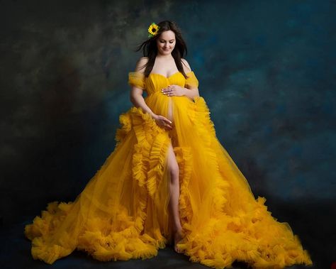 Puffy Orange Evening Dress Ruffles Tiered Tulle Off Shoulder Pregnant Party Sleepwear Women Bathrobe Maternity Shoot Gowns, Yellow Maternity Dress Photoshoot, Yellow Maternity Dress, Maternity Gowns For Photoshoot, Maternity Shoot Dresses, Orange Evening Dresses, Maternity Dress For Photoshoot, Tulle Maternity Dress, Dress For Photoshoot