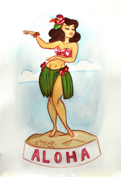 Hula Girl Drawing, Honolulu Tattoo, Hula Girl Tattoo, Hawaiian Watercolor, Hawaii Hula, Playing The Guitar, Hula Dance, Tiki Art, Hula Dancers