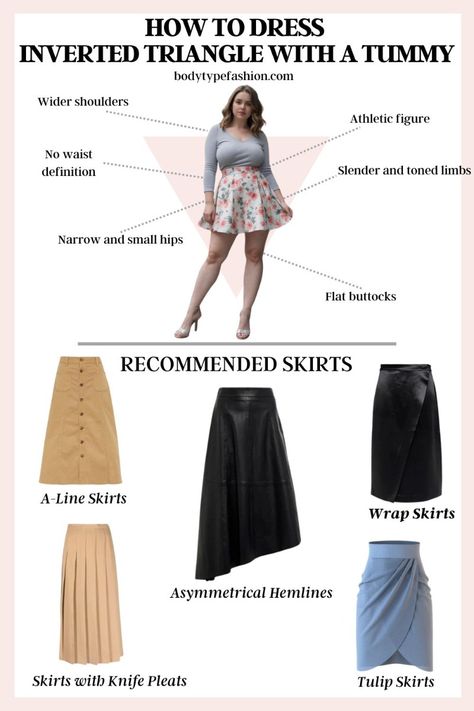 Dressing an inverted triangle body shape with a tummy requires finding styles that work with your features. Broad shoulders can create a top-heavy look, and a tummy may add extra volume. By choosing the right outfits, you can accentuate your strengths and minimize any concerns. Let’s break down your shape and discover the best ways to dress it. Pants For Triangle Body Shape, Inverted Triangle Skirt Outfits, Skirt For Inverted Triangle Body Shape, Jackets For Inverted Triangle Body Types, Inverted Triangle Skirts, Top Heavy Body Shape Outfits, Inverted Triangle Dresses, Sawako Outfit, Triangle Skirt