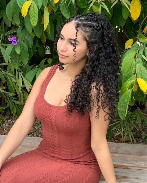 Braids At Top Of Head, Four Braids On Top Of Head, Curly Hair With 2 Braids On Top, Half Twisted Hairstyles, Braided Half Up Half Down Curly Hair, Double Braid Curly Hair, Half Head Braided Hairstyles, Curly Hair Styles With Braid, Braided Hairstyles Top Of Head