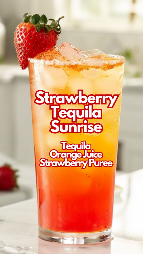 Strawberry Tequila Sunrise Summer Drinks Alcohol Tequila, Strawberry Tequila Sunrise, Cocktails With Strawberries, Tequila Drinks At The Bar, Strawberry Drinks Alcohol, Fruity Drinks With Alcohol, Fun Alcoholic Drinks For A Party, Drinks With Tequila, Fun Summer Drinks Alcohol