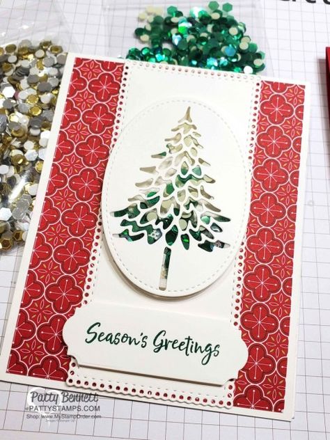 Christmas Card Idea: Shaker Cards featuring Stampin\' UP! In the Pines bundle, sequins and Heartwarming Hugs designer paper by Patty Bennett www.PattyStamps.com Stampin Up In The Pines, Patty Bennett, Stamped Christmas Cards, Tree Stamp, 2022 Christmas, Stampin Up Christmas Cards, The Pines, Christmas Tree Cards, Christmas Crafts For Gifts