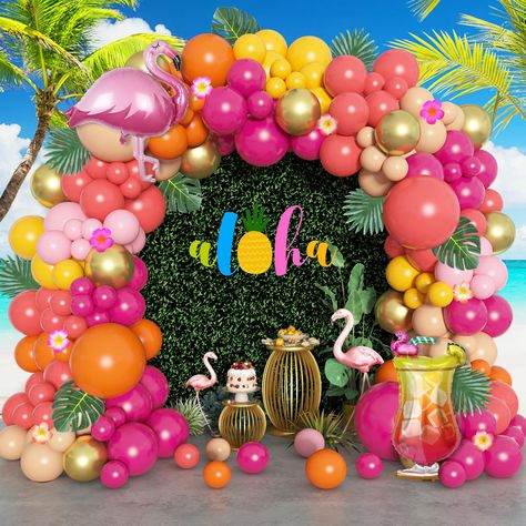 PRICES MAY VARY. Valuable Tropical Balloons: 178pcs-4pcs 18"rose red/orange/blush/coral balloons, 20pcs 12"rose red/orange/blush/coral balloons, 70pcs 10''rose red/lemon yellow/orange/blush/coral/baby pink/gold balloons, 60pcs 5''rose red/orange/blush/coral/baby pink/gold balloons,10pcs tropical palm leaves, 1pcs flamingo foil balloon,1pcs wineglass foil balloon, 8pcs frangipani(4 color), 4pcs balloon tools(balloons arch strip, glue points, ribbons, tying tool). meet all your tropical party deco Coral Balloons, Tropical Balloon Arch, Tropical Balloons, Balloons Arch, Tropical Party Decorations, Aloha Party, Hawaiian Party Decorations, Hawaiian Summer, Orange Blush