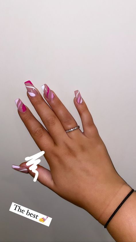 Pink Swirl Nails Square, Nail Ideas Swirl, Pink Squiggle Nails, Pink Pattern Nails, Coffin Swirl Nails, Swirly Acrylic Nails, Fusion Lashes, Swirl Nails Coffin, Funky Pink Nails