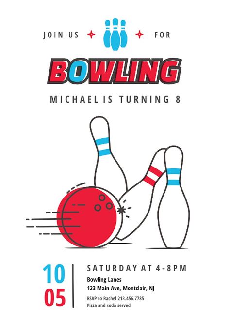 Modern Bowling - Sports & Games Invitation Template (Free) | Greetings Island Bowling Party Invitations Printable Free, Bowling Poster, Business Events Invitation, Bowling Invitations, Bowling Birthday Invitations, Bowling Party Invitations, Kids Bowling, Mermaid Baby Shower Invitations, Teaching Graphic Design