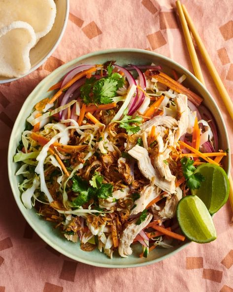 Vietnamese Chicken and Cabbage Salad Recipe (Easy) | The Kitchn Vietnamese Goi Salad, Vietnamese Chicken Salad Goi Ga Milk Street, Goi Ga Recipe Milk Street, Vietnamese Chicken Salad With Sweet Lime-garlic Dressing (goi Gà), Grill Chicken Salad Recipes, Vietnamese Chicken Salad Milk Street, H Mart Recipes, Prawn Chips, Vietnamese Dressing