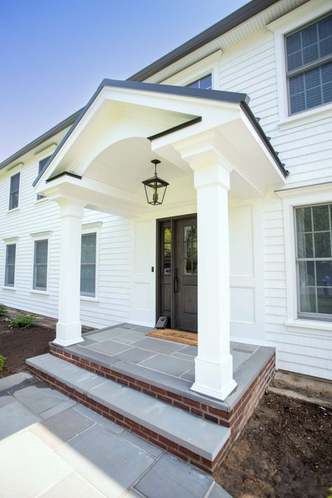 Porches, Porticos & Decking - Majestic Exteriors Colonial Portico Entrance, Portico Entry Colonial, Colonial Front Porch Ideas, Cedar Impressions Siding, Foyer Addition, Colonial Home Landscaping, Home With Black Accents, Portico Ideas, Portico Entry