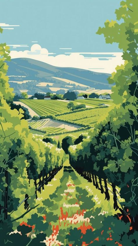 Woodblock print vineyard nature outdoors.  | premium image by rawpixel.com / Rob Vineyard Drawing, Vineyard Illustration, Vine Illustration, Vineyard Painting, Map Murals, Chile Travel, Painting Green, Dusseldorf, Landscape Drawings