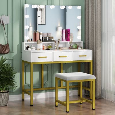 Small Makeup Vanities, Vanity Desk With Mirror, Desk With Mirror, White Makeup Vanity, Makeup Vanity Lighting, Girls Vanity, Makeup Vanity Desk, Makeup Vanity Set, Mirrored Vanity Desk