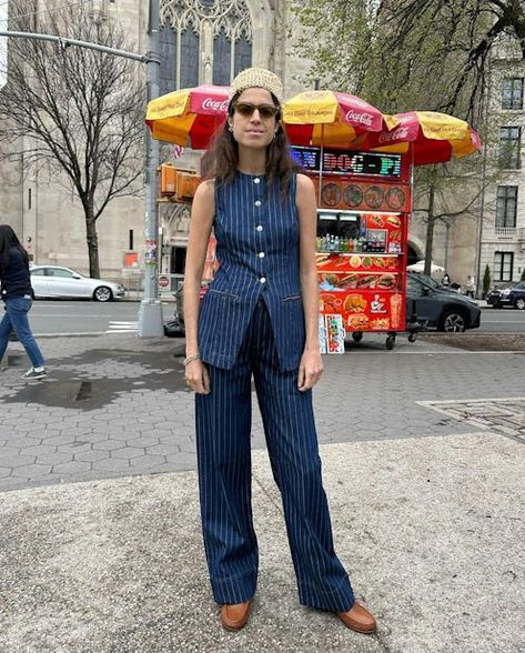 Manolo Blahnik Maysale, Orange Maxi Skirt, Hot Pink Bag, Aerin Lauder, Leandra Medine, Denim Suit, Brown Leather Loafers, Stripe Outfits, Top Outfit