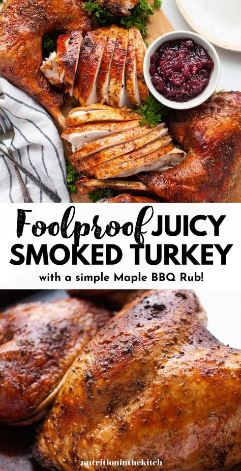 Looking for turkey recipes? This easy smoked turkey is great for Thanksgiving, Christmas, Easter, or any time of year (summer bbq season too!). It’s so juicy and tender with crispy, flavourful skin! The breast, wings, and every part of the whole turkey is incredible and the maple bbq rub adds so much flavour. It’s one of the best rub recipes you can use for any poultry! If you’ve never tried a whole turkey in a smoker, now’s the time! Smoked Turkey Recipes Thanksgiving, Smoked Turkey Rub Recipes, Smoked Turkey Rub, Smoked Turkey Breast Recipe, Smoked Whole Turkey, Turkey Rub Recipes, Turkey Rub, Turkey Seasoning, Whole Turkey Recipes