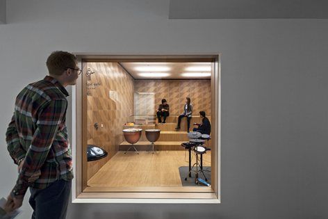 Sonor Museum, Copenhagen, 2014 - Adept Architects Music Room Design, Wooden Panelling, Rehearsal Room, Music Museum, Garage Studio, Ceiling Plan, Audio Room, Acoustic Wall, Listed Building