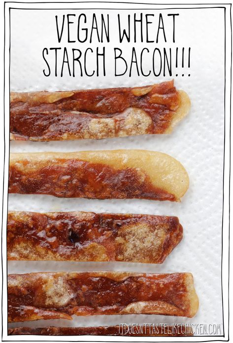 Vegan Wheat Starch Bacon!! Crispy, chewy, smoky, salty, fatty, the most bacon-y vegan bacon ever. This is what to do with starch after making seitan, but you can also buy wheat starch to make this. Make ahead and have ready to go in the fridge or freezer then fry up fresh. Yum! #itdoesnttastelikechicken #veganrecipes #veganbacon Vegan Salmon Recipe, Easy Vegan Meal Plan, Breakfast Meat, Vegan Bacon, Like Chicken, Cooking Courses, Vegan Meal Plans, Meat Substitutes, Savory Breakfast