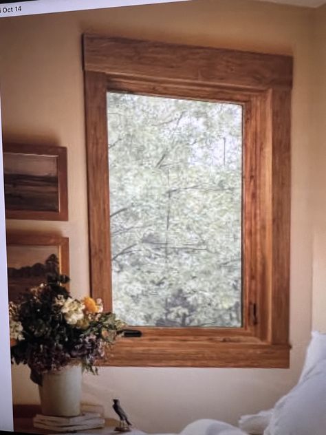 Wood Framed Windows Interiors, Wood Framed Windows, Kitchen Trim, Wood Window Trim, Miners Cottage, Diy Windows, Stained Wood Trim, Backyard Cabin, Interior Window Trim