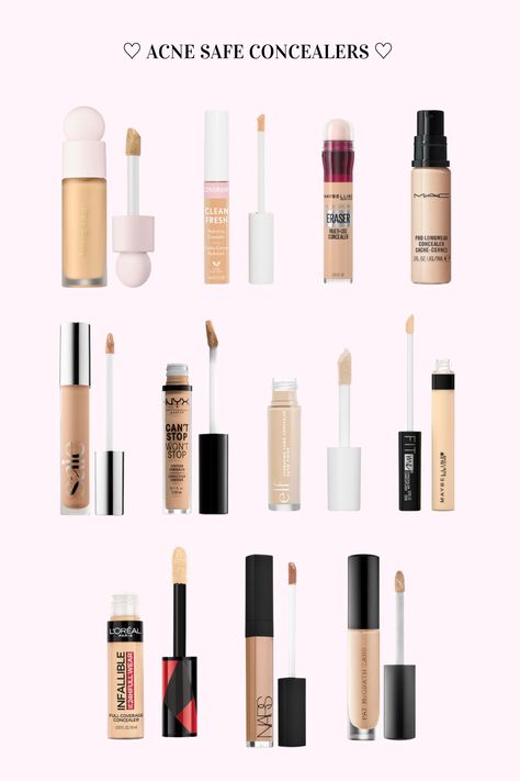 With the considerable amount of makeup products on the market today, it can be hard to be conscious of which ones are actually the best for you! Surprisingly many concealers are not ideal for preventing or avoiding breakouts. Luckily, we have done the research and the following have NO pore-clogging ingredients and thus should not cause breakouts. Best Makeup Concealer, Makeup Base Products, Must Buy Makeup Products, Acne Makeup Products, Best Makeup Products For Acne Prone Skin, Silicone Based Makeup Products, Non Pore Clogging Makeup, Good Cheap Concealer, Makeup For Pores Skin