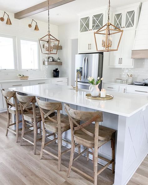 Lights Above Island, Farmhouse Kitchen Inspiration, Rustic Bar Stools, Modern Farmhouse Lighting, Above The Sink, Bright Kitchens, Brass Fixtures, Farmhouse Lighting, Living Room Pictures