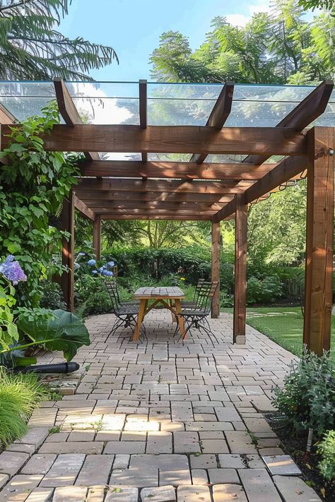 Pergola Room Ideas, Pergola Ideas For Front Of House, Closed Pergola Ideas, Shed Roof Pergola, Outdoor Patio With Pergola, Backyard Landscaping Pergola, Stone Patio With Pergola, Small Patio With Pergola, Pergola Over Driveway