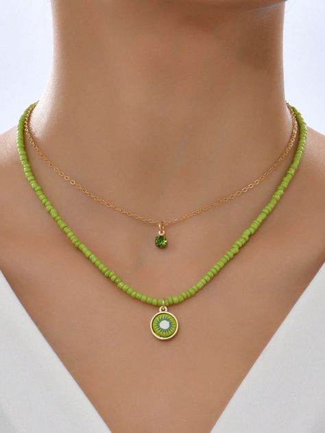 Green  Collar  Glass   Embellished   Women's Fashion Jewelry Collar Verde, Ceramic Fruit, Collared Greens, Layered Necklace, Men's Beauty, Layered Necklaces, Bohemian Style, Womens Necklaces, Women's Fashion