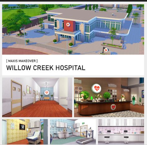 Willow Creek Hospital – Maxis Makeover | Sims 4 Updates -♦- Sims 4 Finds & Sims 4 Must Haves -♦- Willow Creek Hospital, Sims 4 Hospital Build Layout, Sims 4 Public Lots, Sims 4 Hospital Build, Sims 4 Willow Creek Makeover, Sims 4 Hospital, Hospital Floor Plan, Sims 4 Jobs, San Myshuno