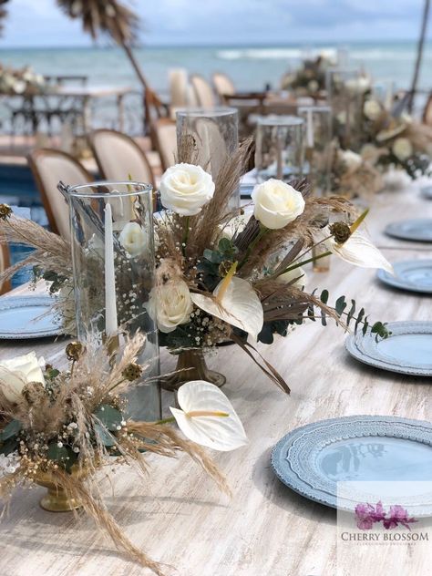 White Flowers And Pampas, Teal Wedding Flowers, Teal Wedding Theme, Flowers And Pampas, Gold Centerpieces, Low Centerpieces, Green Tablecloth, Macrame Wedding, We Get Married