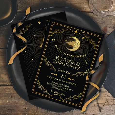 Moon Wedding Invitations, Moon Stars Wedding, Celestial Wedding Theme, A Night Under The Stars, Dark Wedding Theme, Stars Wedding Invitations, Night Under The Stars, Gold Wedding Invitation, Man In The Moon