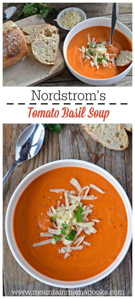 Nordstrom's Tomato Basil Soup - Mountain Mama Cooks Tomato Basil Bisque, Vegetable Lunch, Tomato Bisque Soup, Tomato Basil Soup Recipe, Creamy Tomato Basil Soup, Bisque Soup, Soup Appetizers, Bisque Recipe, Tomato Bisque