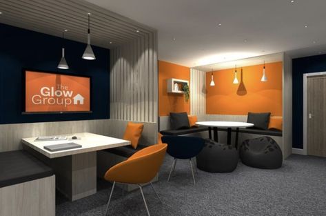 Orange And Blue Office Decor, Orange Ceiling Office, Orange And Blue Office, Black And Orange Office Interior Design, Orange And Black Office, Blue And Orange Office Design, Orange Office Interior, Orange Office Design, Orange Office Decor