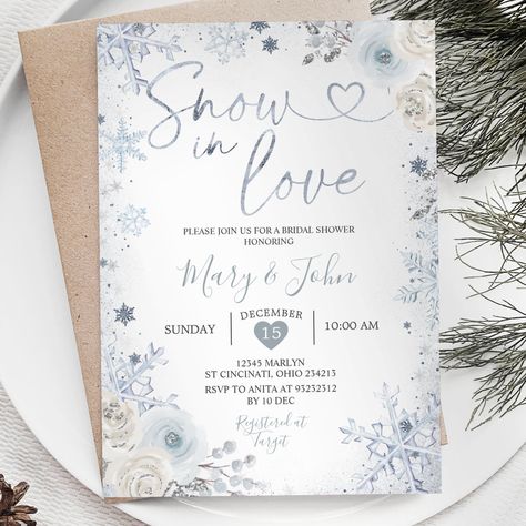 Winter Wonderland Bridal Shower Theme, Snow In Love, Winter Bridal Shower Invitations, Christmas Wedding Invitations, Winter Bridal Showers, Love Theme, Floral Bridal Shower Invitations, Happy Party, Blue Snowflakes