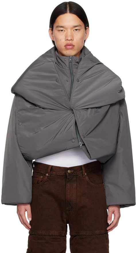 Insulated polyester taffeta jacket. Integrated extended hood-style overlay for alternate styling. Press-stud fastenings throughout. · Layered construction · Stand collar · Two-way zip closure · Logo bonded at front · Welt pockets · Concealed bungee-style drawstring at cropped hem · Welt pocket at interior · Full taffeta lining Supplier color: Stone gray Transformation Garment, Gray Jacket Outfit, Fashion Transformation, Style Tricks, Hood Style, Grey Denim Jacket, Taffeta Jacket, Layered Hoodie, Product Shots