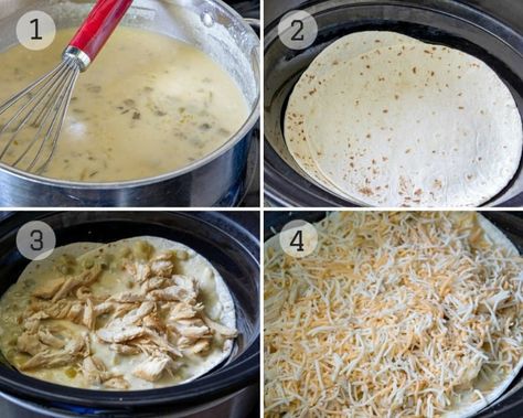 Crockpot White Chicken Enchilada Casserole - Cultured Palate Enchilada Casserole Crockpot, White Chicken Enchilada Casserole, Sourcream Chicken Enchiladas, Enchiladas Crockpot, Easy Crockpot Meals, Crockpot Mexican Chicken, High Protein Chicken, Make Chicken Broth, Easy Chicken Enchilada Recipe