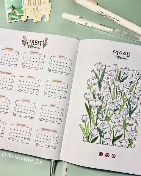 Flower Mood Tracker, Habit And Mood Tracker, Bujo Habit Tracker, Bujo Mood Tracker, Habit Tracker Journal, Mood Tracker Ideas, Bujo 2023, Habit Tracker Ideas, 2024 Journal