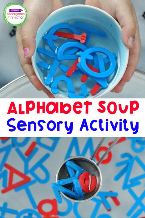 Practice letter recognition with this engaging "Alphabet Soup" Activity! Perfect for water tables and sensory play in Pre-K & Kindergarten! Alphabet Soup Kindergarten, Alphabet Soup Activity, Water Table Kindergarten, Alphabet Soup Preschool, Alphabet Soup Activities, Kindergarten Sensory, Sailboat Craft, Letter Recognition Games, Prek Literacy