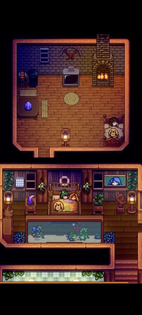 Beach House Stardew Valley, Stardew Valley Beach House Interior, Stardew Valley Cabin Interior, House Stardew Valley Ideas, Stardew Valley House Interior Design No Mods, Stardew Valley Nursery Ideas, Stardew Valley House Interior Simple, Stardew Valley Spouse Rooms, Grandpas Shrine Stardew