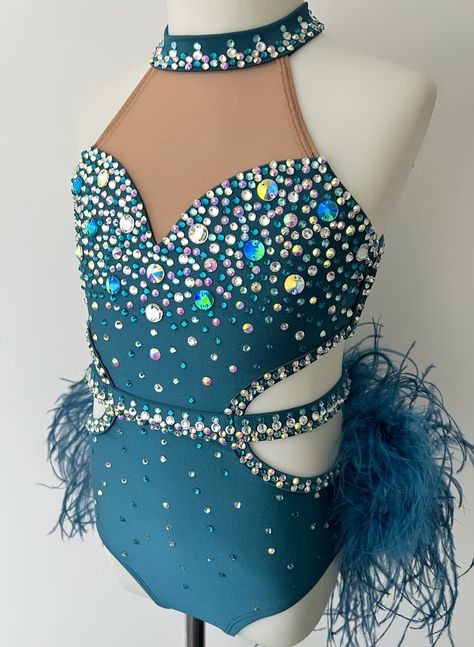 Feathered Dance Costumes, Stoning Ideas For Dance Costumes, Cute Jazz Costumes Dance, Leotard Stoning Ideas, Bedazzled Dance Costumes, Blue Jazz Costume, Dance Costume Base, Dance Competition Costumes Jazz, Sassy Jazz Dance Costumes Competition