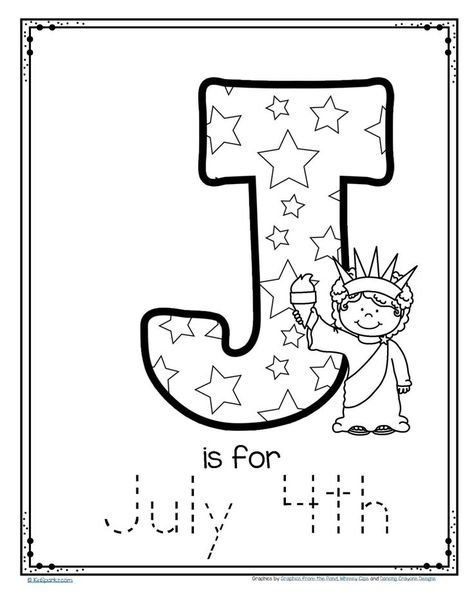 FREE J is for July 4th trace and color alphabet printable #preschool #preschoolletters #printablepreschool Fourth Of July Writing Activities Preschool, 4th Of July Writing Activities Preschool, Preschool July 4th Crafts, 4th Of July Literacy Preschool, 4th Of July Worksheets For Kids, 4th Of July Preschool Activities Math, Fourth Of July Worksheets Preschool, July Preschool Themes Lesson Plans, July 4th Preschool Activities