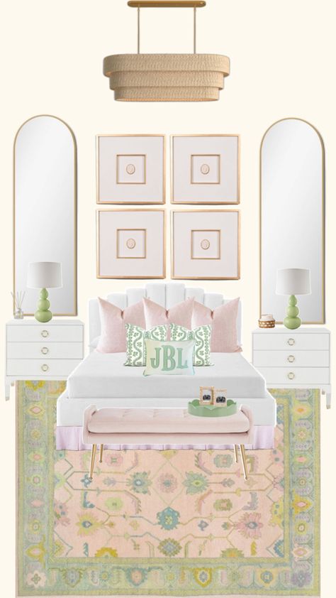 grandmillennial preppy Pink And Green Room, Light Pink Rooms, Dorm Layout, Mood Board Bedroom, Farm Room, Bedroom Pink, Cute Apartment, College Dorm Room Decor, College Room