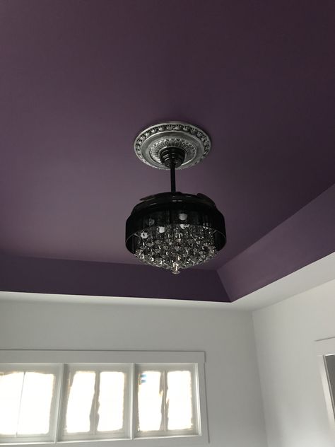 Master Ceiling Sherwin Williams Purple Rain Deep Purple Sherwin Williams, Dark Purple Ceiling, Purple Walls And Ceiling, Purple Ceiling Bedroom, Dark Purple Room Ideas, Purple Wallpaper Room, Dark Purple Accent Wall Bedroom, Plum Ceiling, Lavender Ceiling