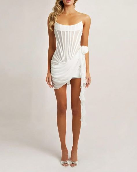 White chiffon mesh corset flower drape mini dress - HEIRESS BEVERLY HILLS White Dress Corset, Corset Draping, Heiress Beverly Hills, Mesh Corset, Drape Dress, White Corset, Dresses Xxl, Chiffon Material, White Chiffon