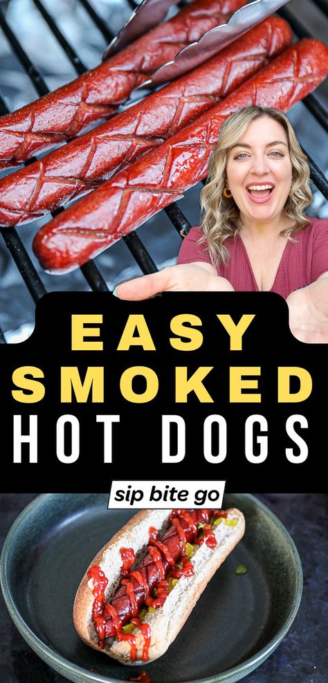 Traeger Smoked Hot Dogs Recipe images on the smoker with text overlay Smoked Hot Dogs, Toasted Hot Dog Buns, Smoker Grill Recipes, Easy Smoker Recipes, Smoker Recipes Electric, Pellet Smoker Recipes, Bacon Wrapped Hotdogs, Making Hot Dogs, Traeger Grill Recipes