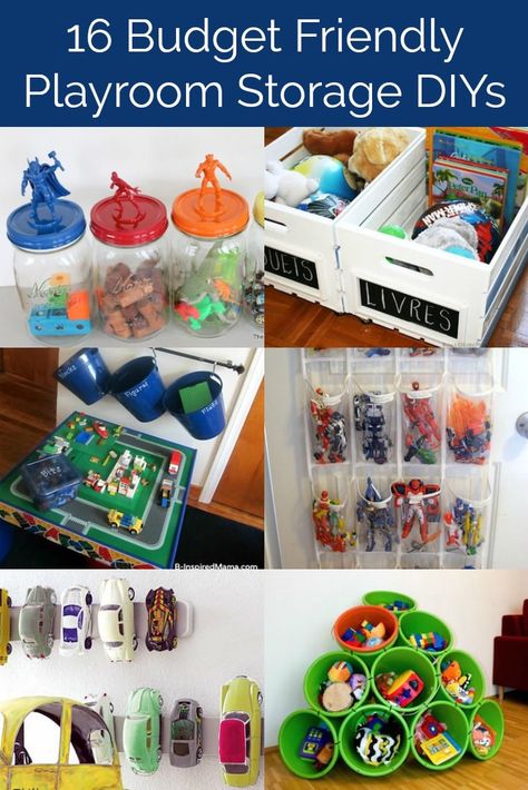 Keeping kids' toys in order can be a real challenge . . . but with these 16 DIY playroom storage ideas, you'll have them organized in no time. Cheap solutions from IKEA, the dollar store, and more. via @diy_candy Dollar Store Playroom Ideas, Dollar Store Toys, Dollar Store Toy Organization, Cheap Toy Storage Ideas, Diy Playroom Storage, Playroom Hacks, Ghibli Nursery, Girl Toy Storage, Toys Organization