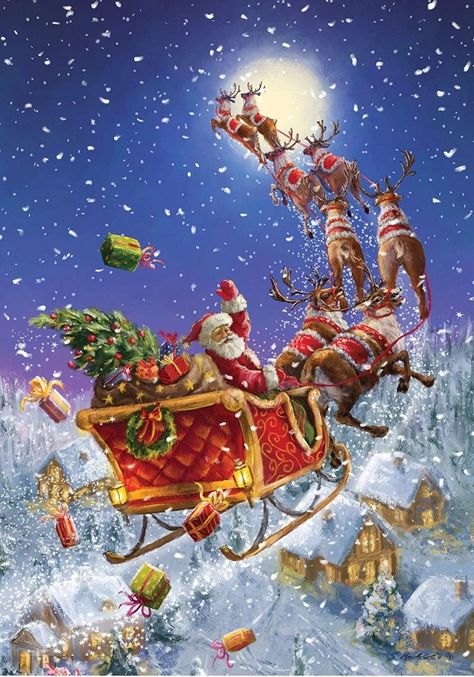 Animated Christmas Pictures, Santa Claus Pictures, Magic Christmas, Christmas Paintings On Canvas, Sew Projects, Reindeer And Sleigh, Santa And His Reindeer, Santa Pictures, Santa's Sleigh