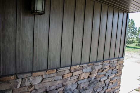 Brown Board And Batten Siding, House Siding Styles, Metal Board And Batten Siding, Board And Batten Siding Colors, Siding Update, Cement Board Siding, Front Porch Remodel, Siding Styles, Board And Batten Exterior